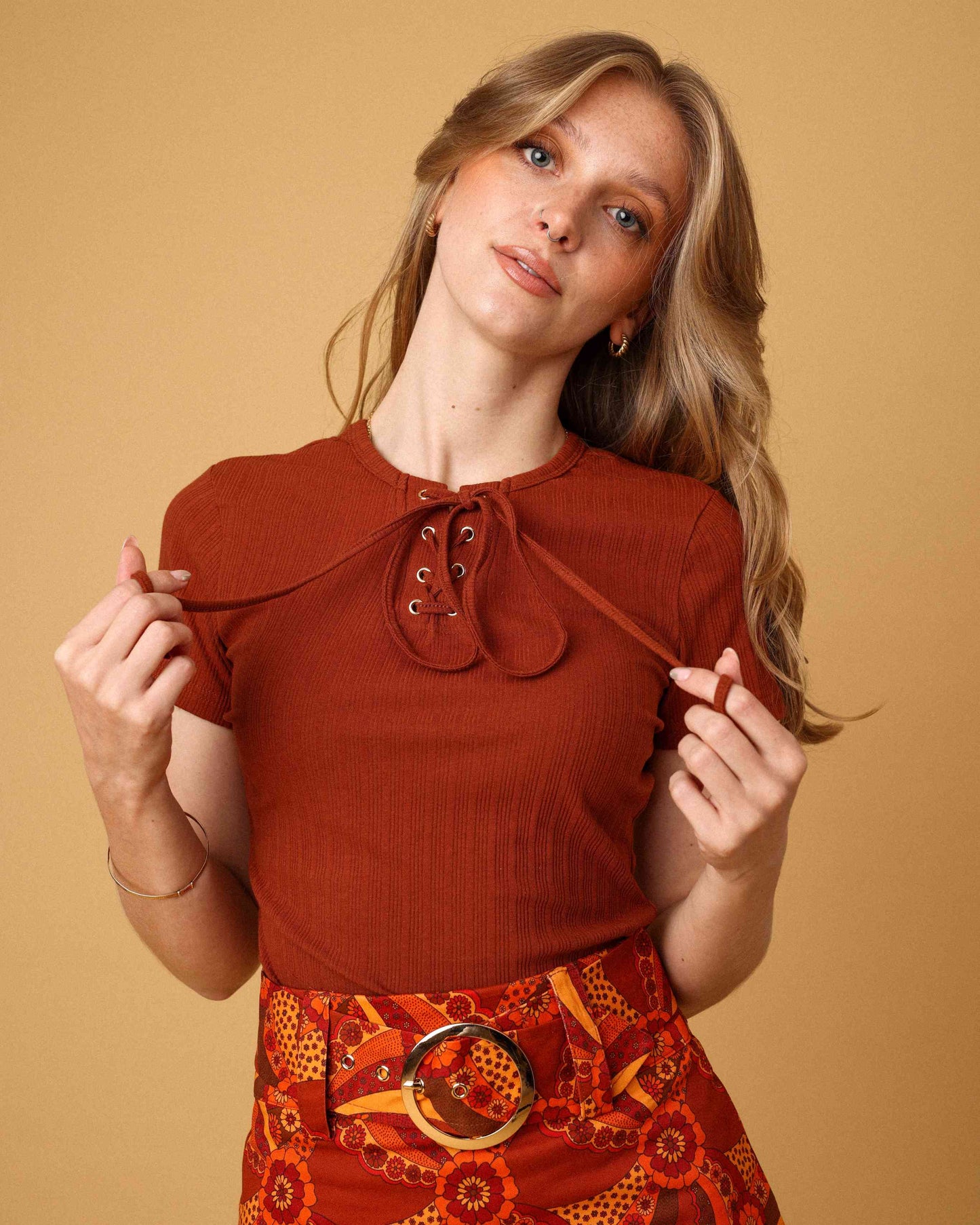 Gloria - Ribbed Lace Front Top - Brown