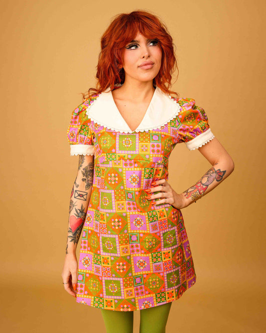 Mary - Frill Collar Mini Dress - Flower Patch Lavendar