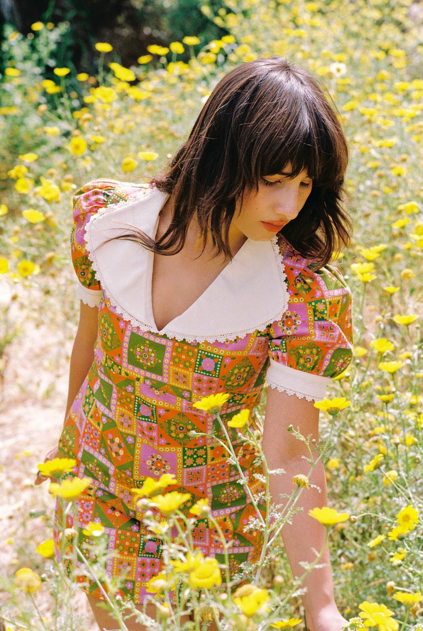 Mary - Frill Collar Mini Dress - Flower Patch Lavendar