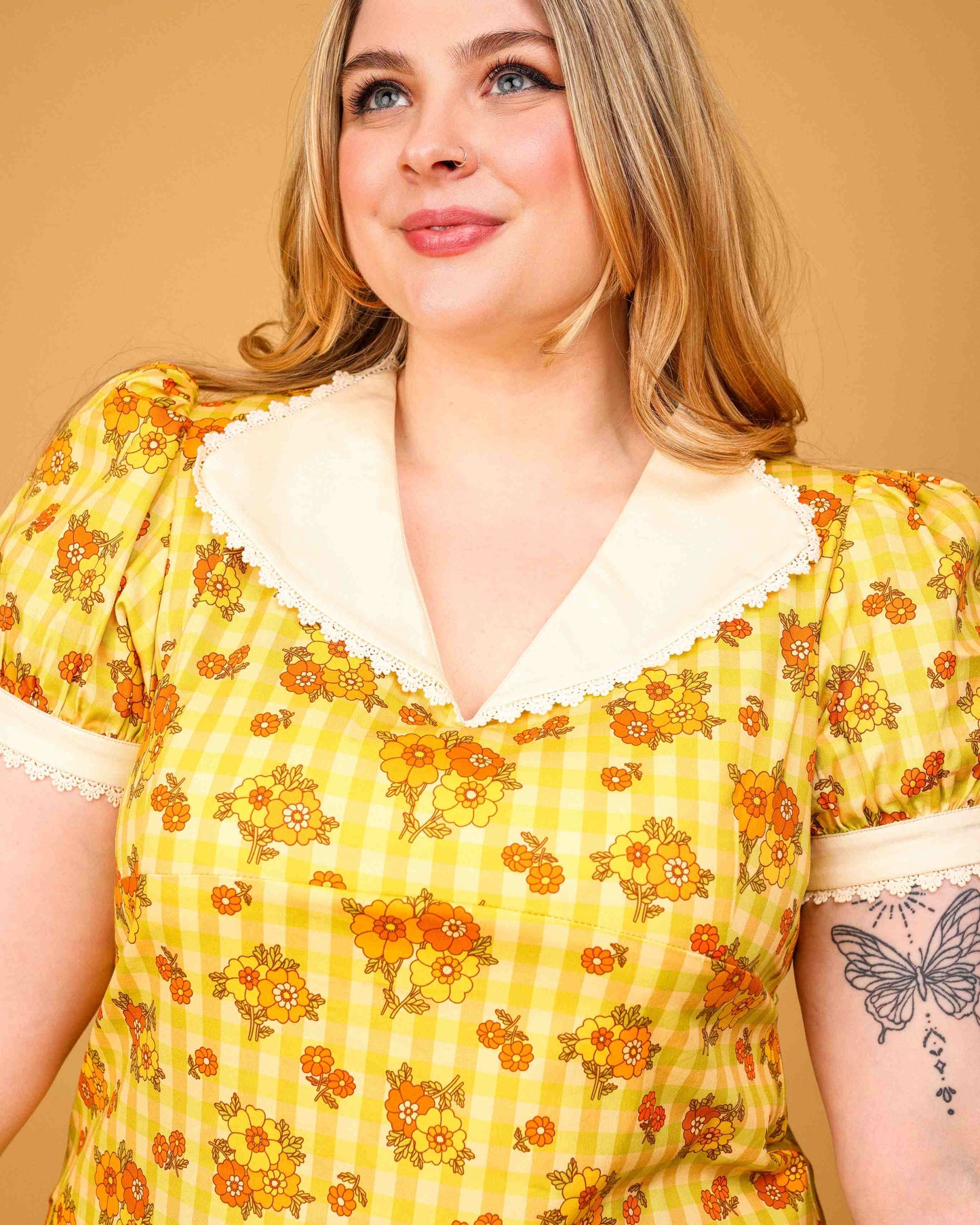 Mary - Frill Collar Mini Dress - Gingham Garden