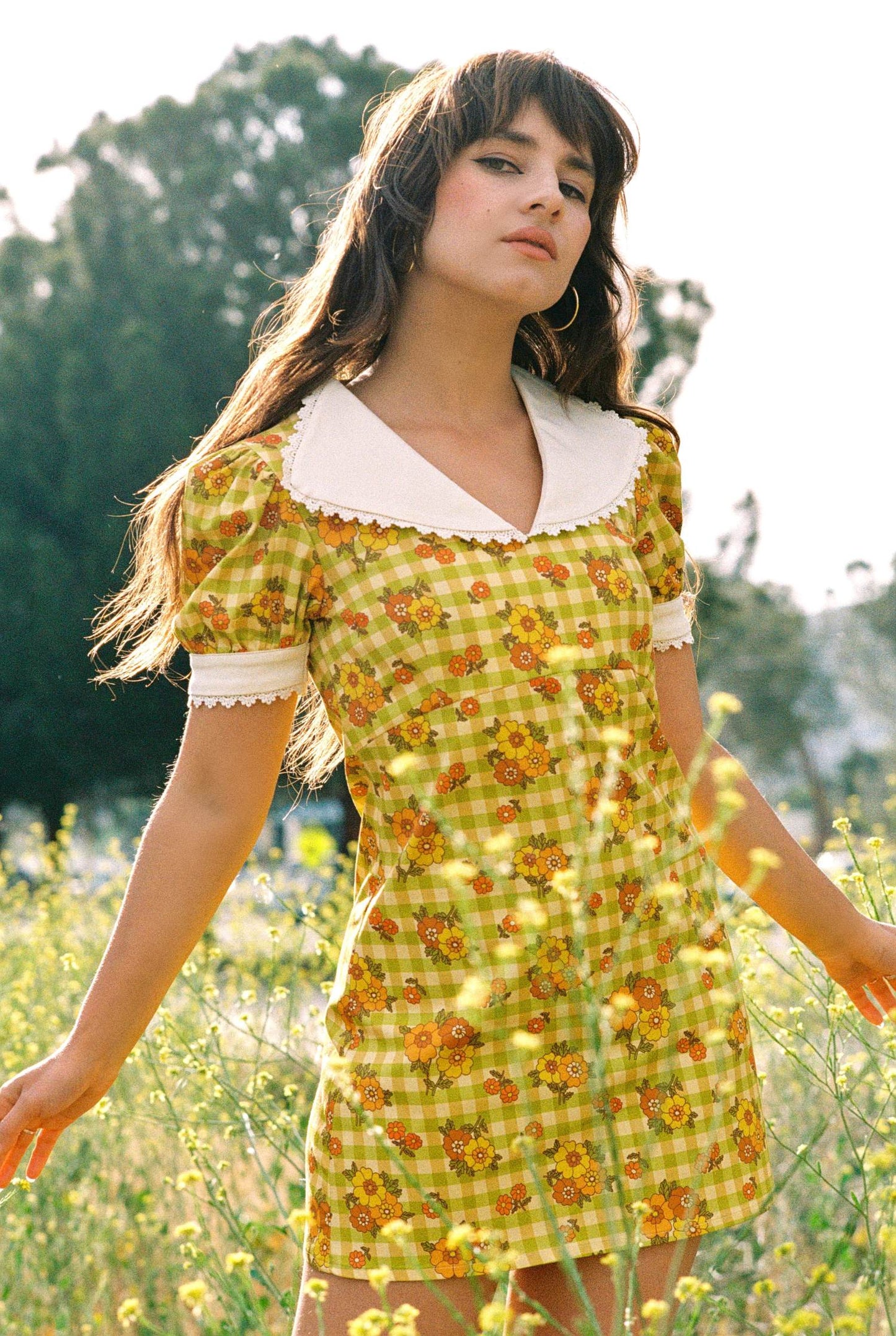 Mary - Frill Collar Mini Dress - Gingham Garden