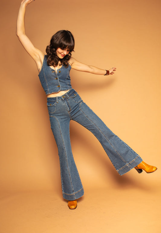 Electric Blues - Patch Pocket Flare Jeans Mid Wash