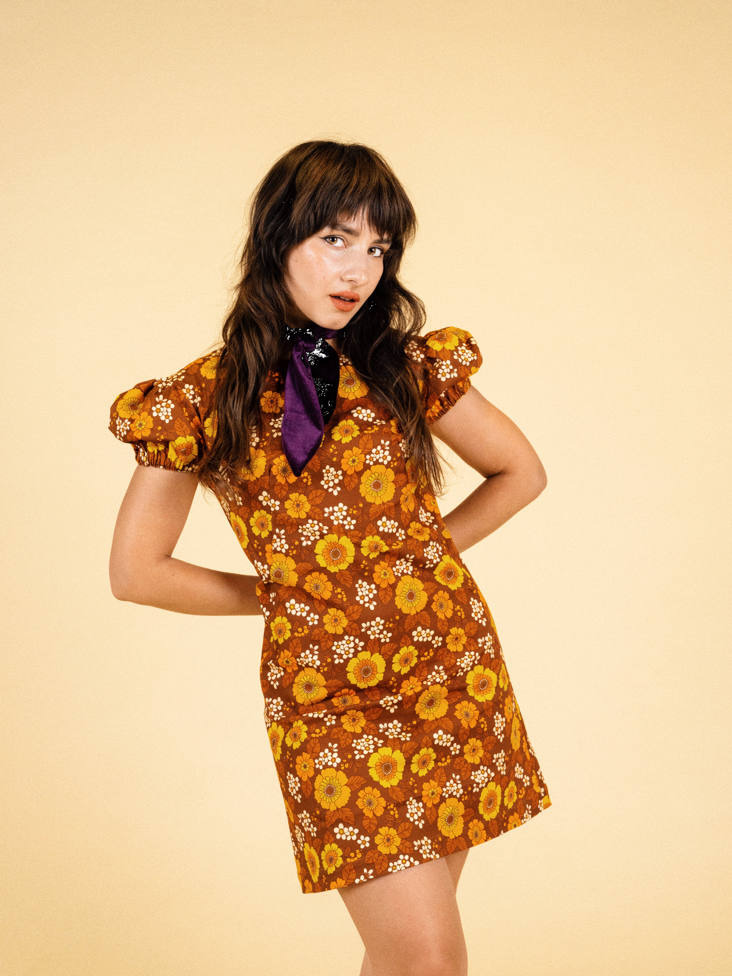 Birkin - Puff Sleeve Mini Dress - Canyon Bloom - Brown