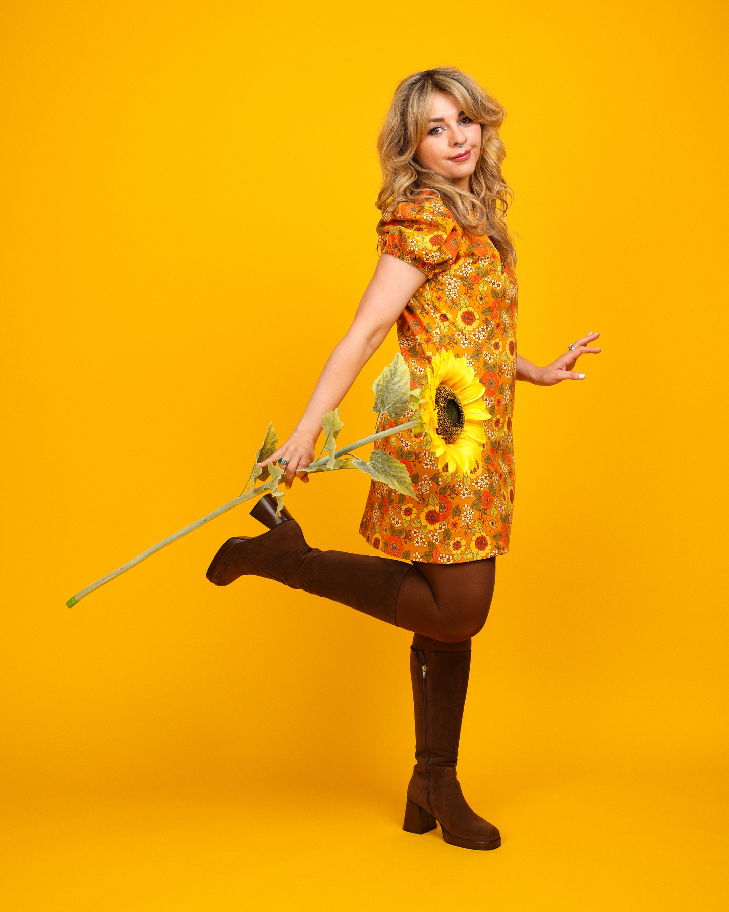 Birkin - Puff Sleeve Mini Dress - Canyon Bloom - Gold