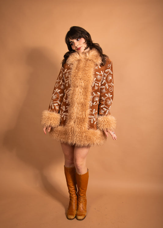 Penny - Embroidered Fur Collar Coat (PRE-ORDER)