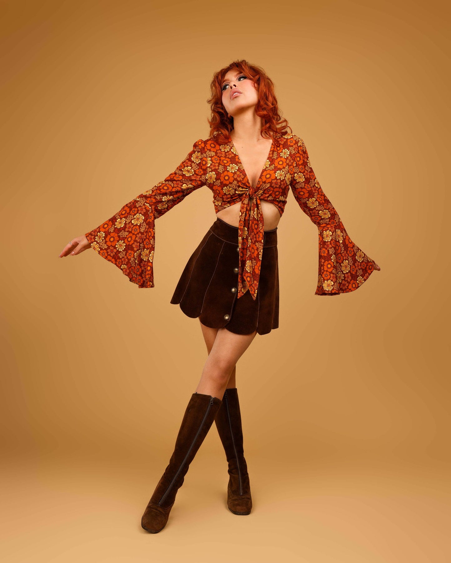 Stevie - Long Bell Sleeve Tie Front Top - Love Grows - Brown