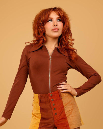 Jagger - Long Sleeve Dagger Collar Zip Front Top - Brown